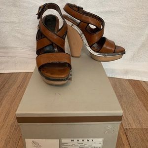 Sz38 Marni Vitello Sandals Cognac Leather & Wood